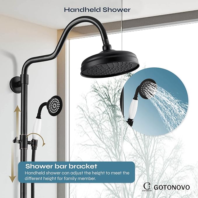 gotonovo Luxury Exposed Shower Faucet Set Bathroom Shower System 8 Inch Wall Mount Rainfall Shower Head with Handheld Spray Cross Double Handle Shower Fixture Adjustable Arc Rod Oil Rubbed Bronze