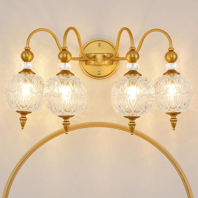 Vintage 4-Light Bathroom Vanity Light Over Mirror, Matte Brass | 22in Wide Farmhouse Bathroom Decor, Ribbed Glass Shades, G9 base, Wall Mounted, Mid Century Wall Sconces Vanity Lighting