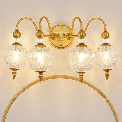Vintage 4-Light Bathroom Vanity Light Over Mirror, Matte Brass | 22in Wide Farmhouse Bathroom Decor, Ribbed Glass Shades, G9 base, Wall Mounted, Mid Century Wall Sconces Vanity Lighting