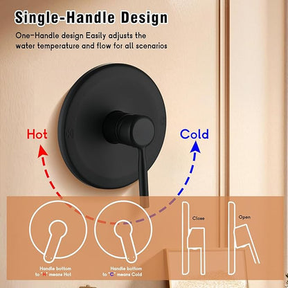 Matte Black Shower Faucet Set with 6 Inch Rainfall Showerhead, Shower Valve Kit for Bathroom Stainless Steel Black Showerhead and Handle Set