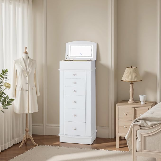 IRONCK Jewelry Cabinet with LED Mirror and 6 Drawers, Jewelry Armoire Cabinet Standing with Necklace Hooks & Anti-Tarnish Lining, Standing Jewelry Box, Gift for Women, White