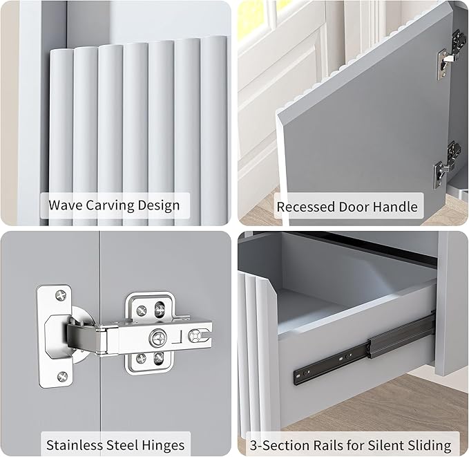 Floating Bathroom Vanity with Sink, 32 Inch Wall Mounted Bathroom Vanity with 2 Drawers and Wave-Carved Design Door, Modern Wooden Cabinet with Ceramic Sink and Storage, Grey