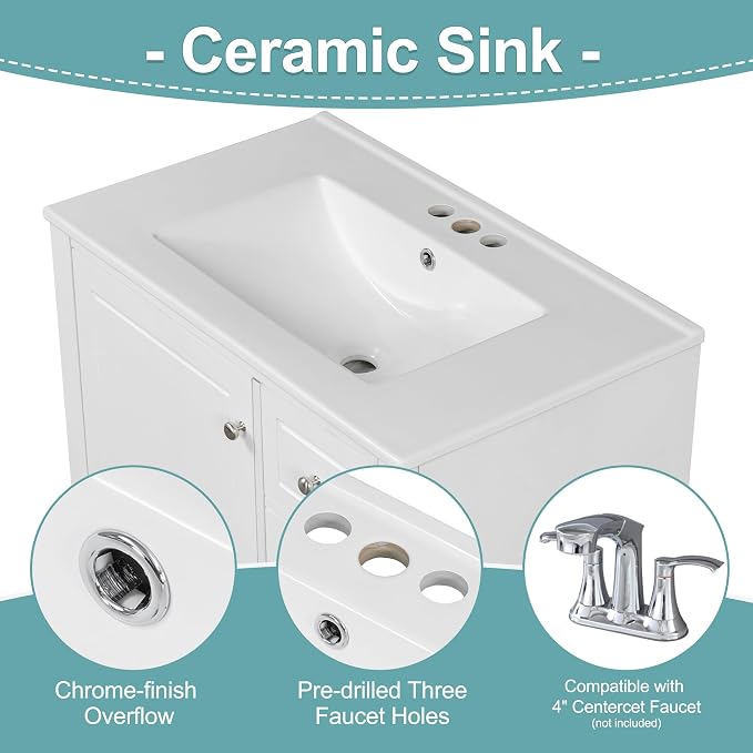 30" Bathroom Vanities Cabinet with Ceramic Sink Set Combo, Multi-Functional Storage Organizer Door Shelf, Three Drawers, Soft-Closing Door, White