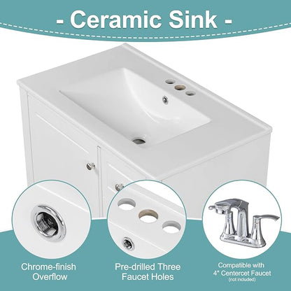 30" Bathroom Vanities Cabinet with Ceramic Sink Set Combo, Multi-Functional Storage Organizer Door Shelf, Three Drawers, Soft-Closing Door, White