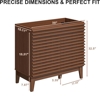 36 Inch Bathroom Vanity Base Cabinet, Walnut Freestanding Bathroom Storage Cabinet Base Only, Modern Wood Grain Vanity Cabinet with Solid Wood Legs and Soft Close Doors, Sink Not Included