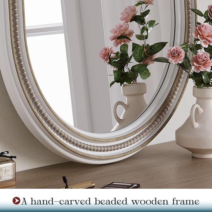 Boho Oval Wall Mirror, 24" x 36" Farmhouse Antique Bathroom Oval Mirrors Over Sink, Wooden Rustic with Beaded for Bedroom, Dining Room, Hallway, Living Room, Vertical or Horizontal Hanging