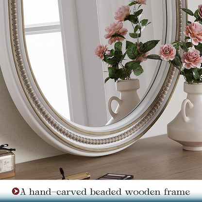 Boho Oval Wall Mirror, 24" x 36" Farmhouse Antique Bathroom Oval Mirrors Over Sink, Wooden Rustic with Beaded for Bedroom, Dining Room, Hallway, Living Room, Vertical or Horizontal Hanging
