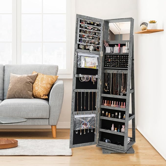 LOKO 360° Rotating Jewelry Armoire, Freestanding Jewelry Cabinet with Inside Makeup Mirror, 2-in-1 Lockable Jewelry Organizer w/Full-Length Mirror for Women (Stone Gray)