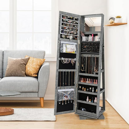 LOKO 360° Rotating Jewelry Armoire, Freestanding Jewelry Cabinet with Inside Makeup Mirror, 2-in-1 Lockable Jewelry Organizer w/Full-Length Mirror for Women (Stone Gray)