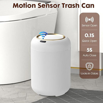 Procade Motion Sensor Trash Can with Lid,Small Automatic Trashcan Bathroom | 3 Gallon Touchless Sensor Trash Bin,White and Gold Garbage Can,Electric Round Plastic Waste Basket for Bedroom,Office,Dorm,RV