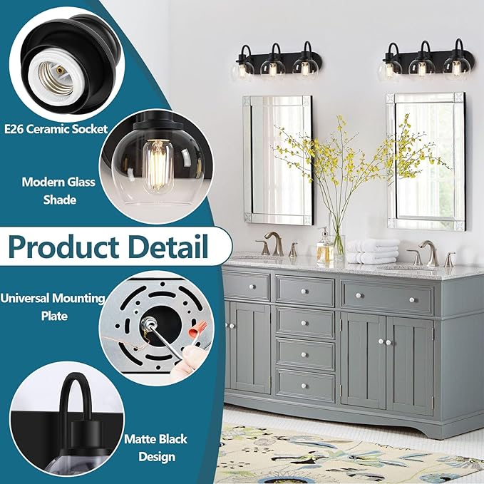 Bathroom Vanity Light,Modern 3-Light Bathroom Lighting Fixtures Over Mirror with Clear Glass Shade and Metal Base,Matte Black Bathroom Lighting