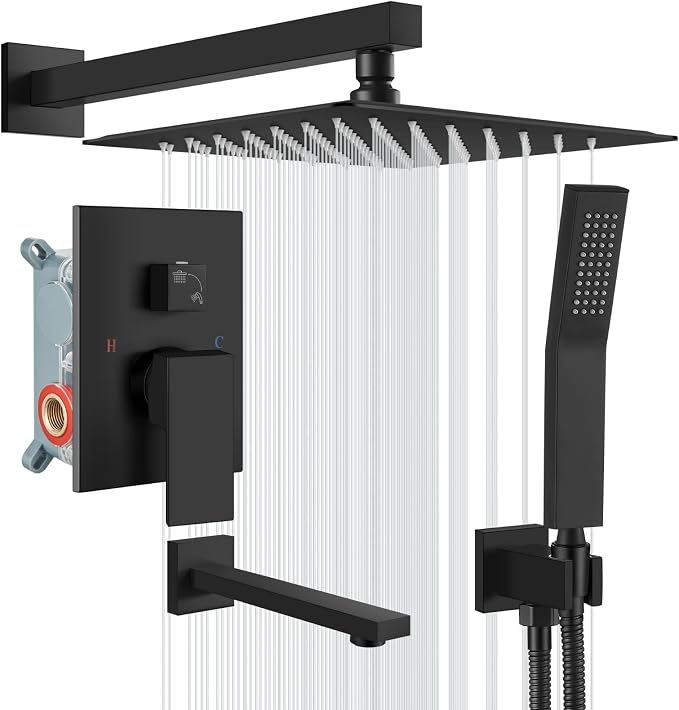 gotonovo Bathtub Shower Faucet Set, 12 Inch Shower Head, Matte Black | Wall Mounted Shower System with Tub Spout for Bathroom, Square High Pressure Rain Shower head with Handheld Spray, All Metal