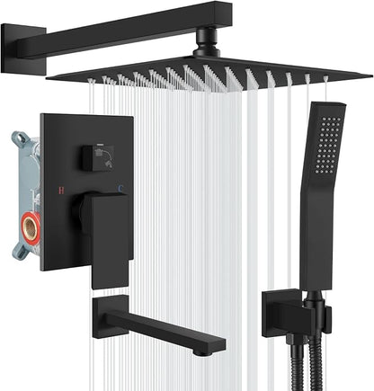 gotonovo Bathtub Shower Faucet Set, 12 Inch Shower Head, Matte Black | Wall Mounted Shower System with Tub Spout for Bathroom, Square High Pressure Rain Shower head with Handheld Spray, All Metal