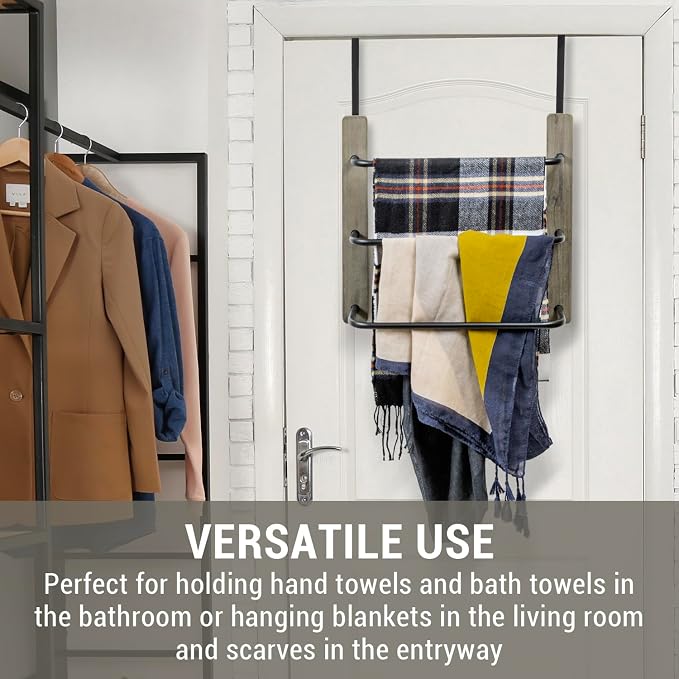 MyGift Over The Door Towel Rack for Bathroom, Vintage Gray Weathered Solid Wood 3 Tier Matte Black Metal Bars, Space Saving Hand Towel Holder, Over Shower Door Towel Drying Rack for Bath Towels