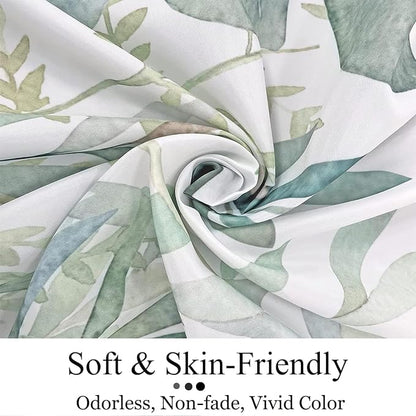 Eucalyptus Leaf Shower Curtains, Sage Green Spring Botanical Watercolor Plants Bathroom Curtains Bathtub Home Decor Waterproof Fabric Machine Washable with 12 PCS Hooks