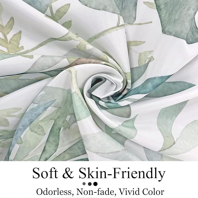 Eucalyptus Leaf Shower Curtains, Sage Green Spring Botanical Watercolor Plants Bathroom Curtains Bathtub Home Decor Waterproof Fabric Machine Washable with 12 PCS Hooks
