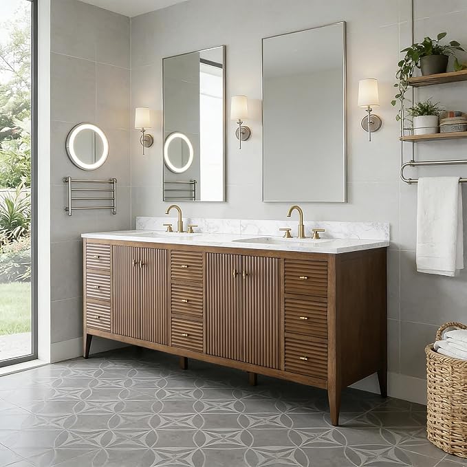 84" Bathroom Vanity with Double Sink & Engineered Marble Top, Solid Wood Frame, Linear Pattern & Soft Close Door | Golden Brushed Handware,Walnut
