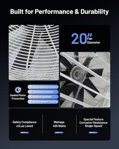 iLiving 20-Inch Corrosion Resistance Shutter Exhaust Fan, Single Speed