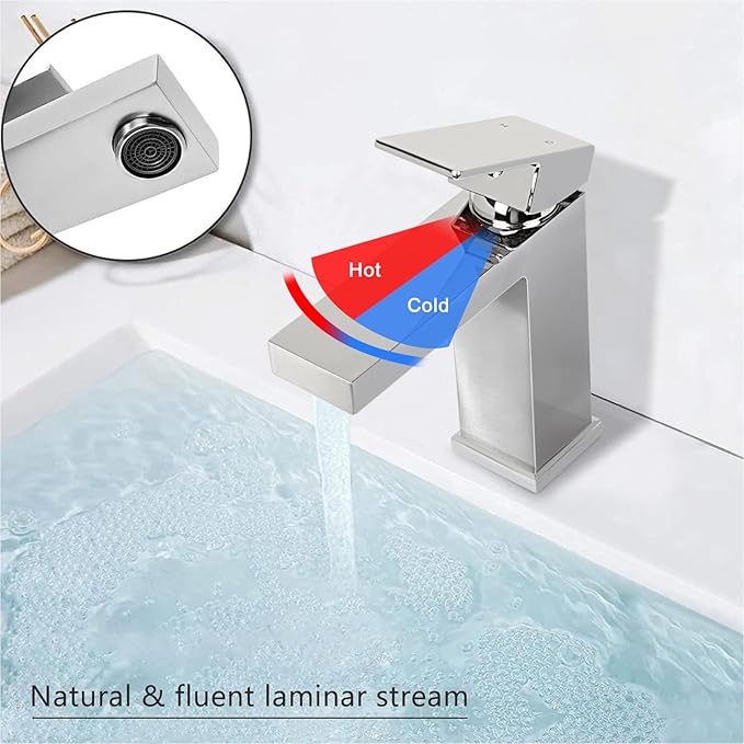 Brushed Nickel Bathroom Faucet for 1 Hole, CEC & cUPC Certified Lead-Free Solid Brass Vanity Faucet for Bathroom Sink with Pop Up Drain Stopper & Water Supply Hoses