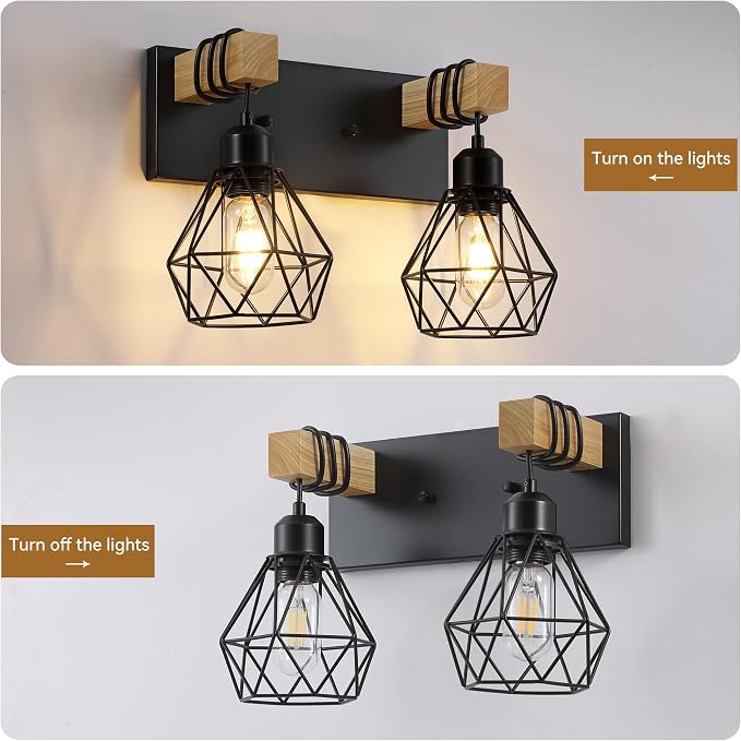 VbiTmn Bathroom Light Fixtures, 2 Light Black Farmhouse Wood Vanity Lights | Rustic Design, Diamond Metal Shades, Easy to Install, Wall Sconces for Bathroom, Bedroom, Makeup Area, Over Vanity Mirror