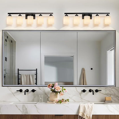 Bathroom Light Fixtures, Vanity Light Over Mirror Black 5-Light Fixture | Modern bathroom vanity light fixture with metal frame, ideal for mirrors, bedrooms and hallways. Fits E26 bulbs.