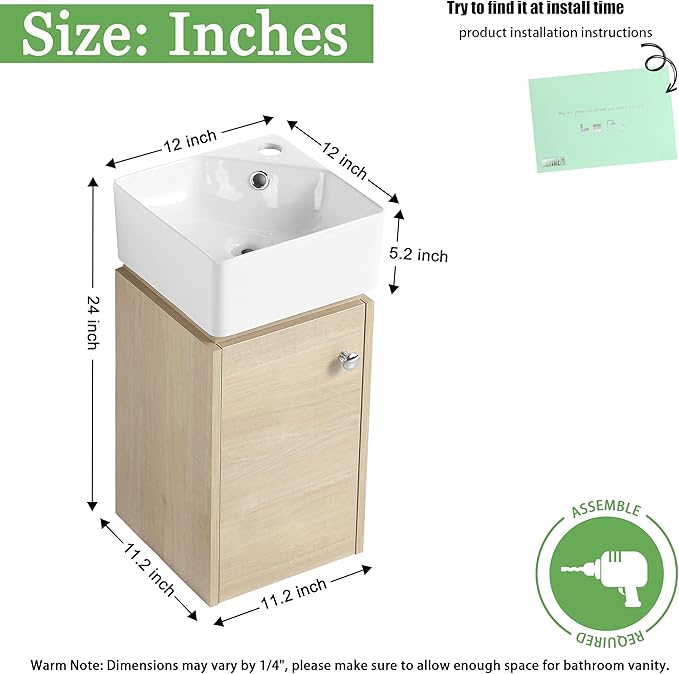12" Wall-Mounted Bathroom Vanity with Sink & Top Basin - Modern Floating Vanity Cabinet for Small Spaces, Soft-Close Door Storage & Countertop Combo, Space-Saving Design (12x12 Inch)