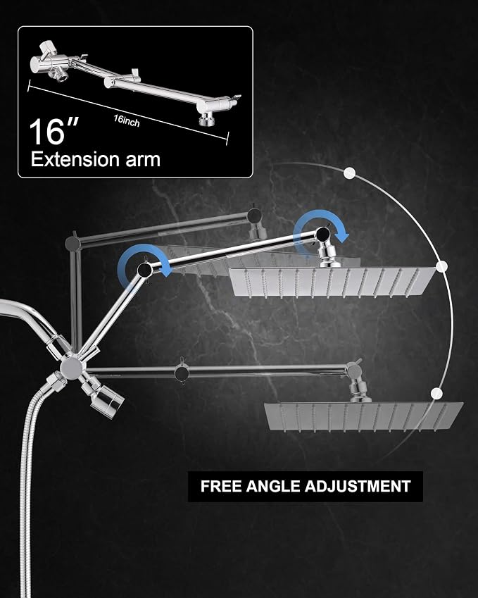 10" Rainfall Shower Head with Handheld Combo, High Pressure Dual Showerhead with Square Rain& Magnetic Hand Sprayer, 15" Adjustable Metal Extension Arm (Chrome)