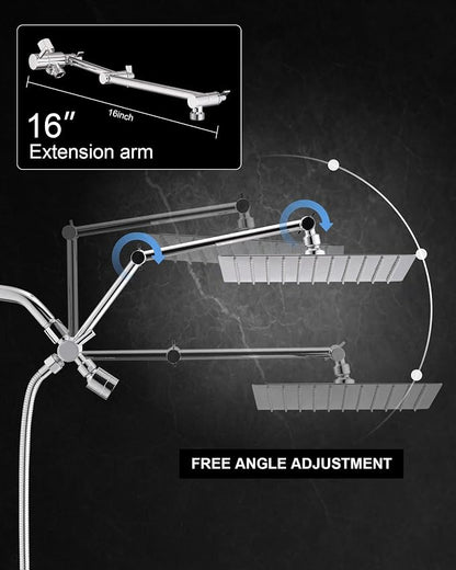 10" Rainfall Shower Head with Handheld Combo, High Pressure Dual Showerhead with Square Rain& Magnetic Hand Sprayer, 15" Adjustable Metal Extension Arm (Chrome)