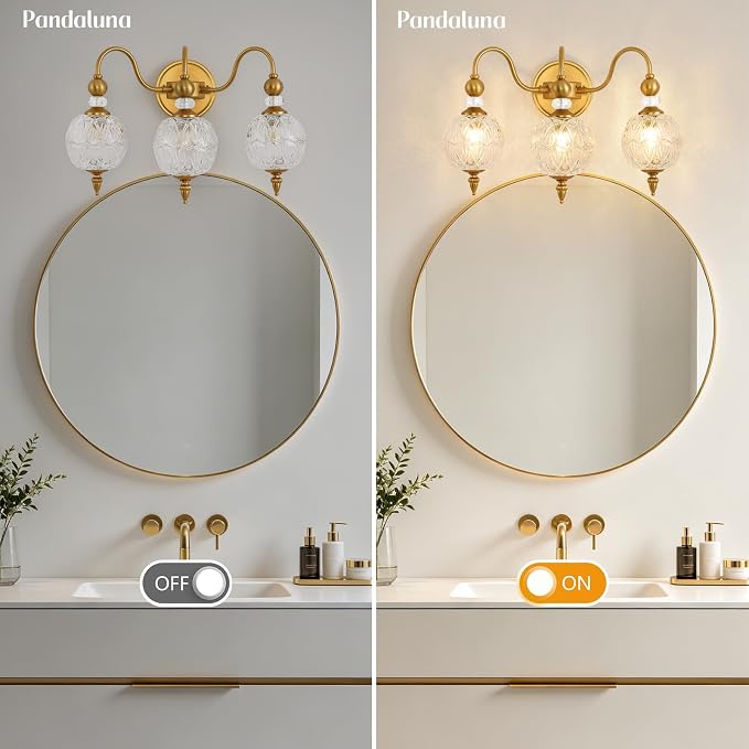 Vintage 3-Light Bathroom Vanity Light Over Mirror, Matte Brass | 18.7in Wide Farmhouse Bathroom Decor, Ribbed Glass Shades, G9 base, Wall Mounted, Mid Century Wall Sconces Vanity Lighting