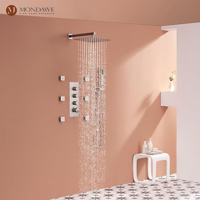 MONDAWE 12 Inch Thermostatic Shower System in Brushed Nickel, Wall Mounted Shower Head with Handheld Spray and 6 Body Jets, High Pressure Bathroom Shower Faucet Set with Thermostatic Valve