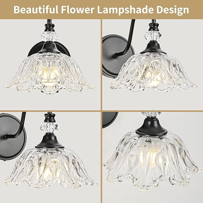 1 Piece Black Wall Sconce with Floral Clear Glass Shade, Black Farmhouse Wall Mount Lighting for Bathroom,Vintage Bathroom Vanity Light Fixture