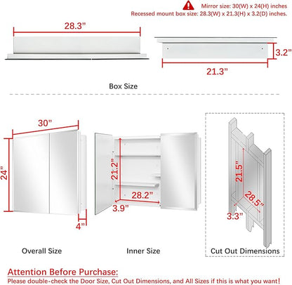 Fundin White Medicine Cabinet Recessed or Surface Mount, Bathroom Medicine Cabinet with 30 x 24 Beveled Edge Mirror Size and Adjustable Staggered Shelves