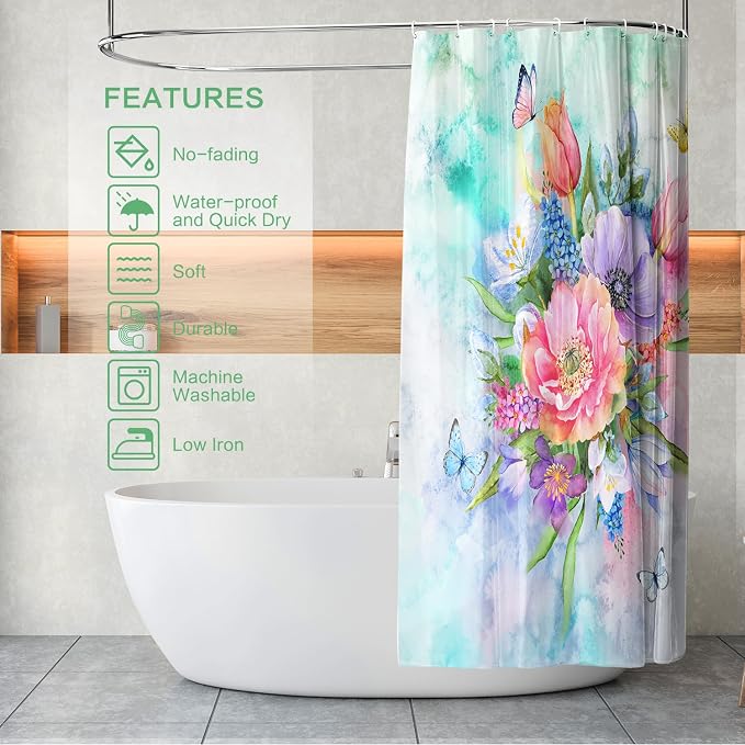 Floral Shower Curtain, Watercolor Flowers Shower Curtain Summer Blooming Flowers Painting Shower Curtain Sets Waterproof Polyester Fabric Machine Washable Home Farmhouse Decor Bath Curtain