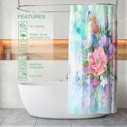 Floral Shower Curtain, Watercolor Flowers Shower Curtain Summer Blooming Flowers Painting Shower Curtain Sets Waterproof Polyester Fabric Machine Washable Home Farmhouse Decor Bath Curtain