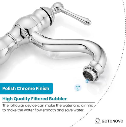 gotonovo Bathroom Faucet 1 Hole Vintage,Polish Chrome,7.1” Spout Reach | Bathroom Sink Faucet for 1 or 3 Hole Single Handle,Deck Plate,360° Swivel Spout,Pop Up Drain,cUPC Supply Hoses,for Vanity RV
