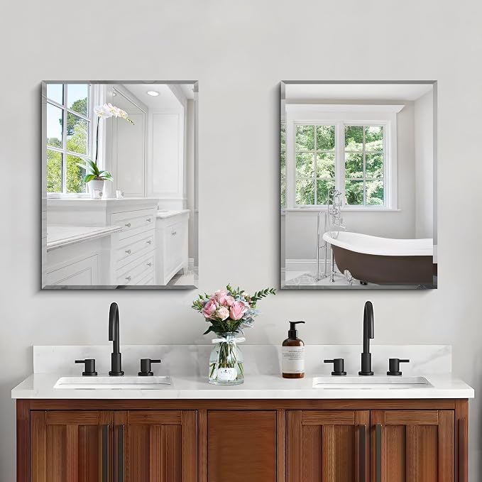 CILIBER Beveled Mirror, 18x24 Frameless Beveled Bathroom Mirrors for Wall, 3mm Tempered Glass Rectangle Vanity Mirror with Beveled Edge, Crystal-Clear, Hangs Horizontally or Vertically