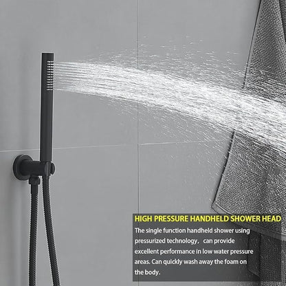 Shower Faucet Set Matte Black 10 Inch Round Ceiling Mount Rainfall Shower System with 2 Rain Shower Head and Handheld Head Push Button Diverter Shower Trim Kit and Rough-in Valve Body