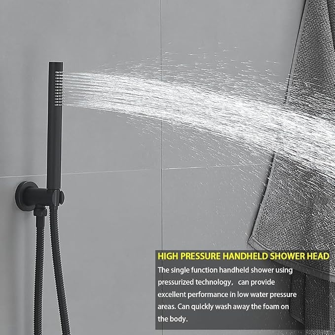 Shower Faucet Set Matte Black 12 Inch Round Ceiling Mount Rainfall Shower System with 2 Rain Shower Head and Handheld Head Push Button Diverter Shower Trim Kit and Rough-in Valve Body