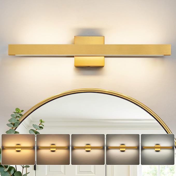24 Inch Modern Vanity Light Gold Bathroom Light Fixture Over Mirror with Up & Down Lighting 20W Vanity Lighting Fixture Dimmable 5CCT LED Bar Vanity Light for Bathroom Restroom