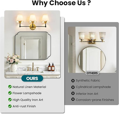 Black Gold Bathroom Vanity Light: 3 Light Vanity Lighting Fixtures with Flared Fabric Shade, Farmhouse Bathroom Lighting Fixtures over Mirror, Wall Sconce Lights for Bedroom Hallway Living Room