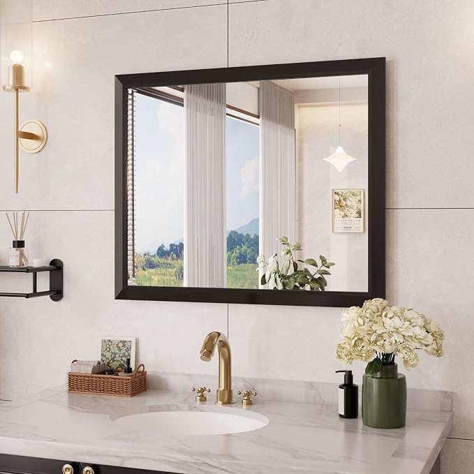 Bathroom Mirror Black, 30x36 Inch | Thick Metal Framed, HD Reflection, Anti-Rust, Hang Horizontally/Vertically, Suitable for Vanity, Bedroom, Bathroom, Entryway