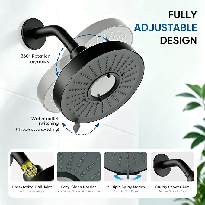 2-Piece Filtered Shower Faucet Set with Valve, 6-Inch 3-Function Shower Head with 18-Stage Filter, Single-Handle Pressure Balance Trim, Matte Black