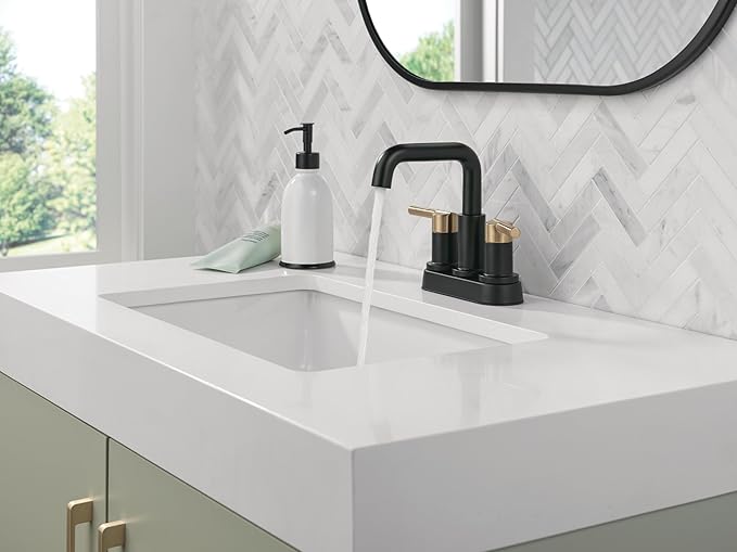 Delta Nicoli Centerset Matte Black/Brushed Gold Bathroom Faucet, 4 Inch 3 Hole Bathroom Sink Faucet for Vanity, Push-Pop Drain Assembly, Matte Black/Champagne Bronze 25849LF-GZ