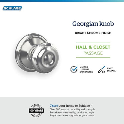 SCHLAGE F10GEO625 Georgian Hall and Closet Knob, Bright Chrome