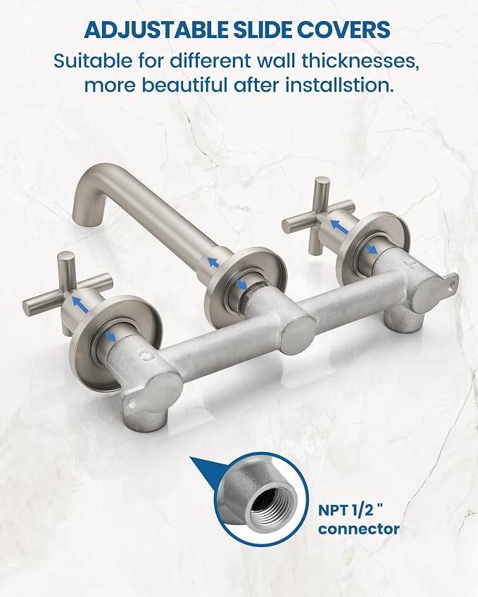 Airuida Solid Brass Brushed Nickel Wall Mount Bathroom Faucet | 360° Swivel Spout,Rough in Valve,2 Cross Handle,3 Hole,Widespread