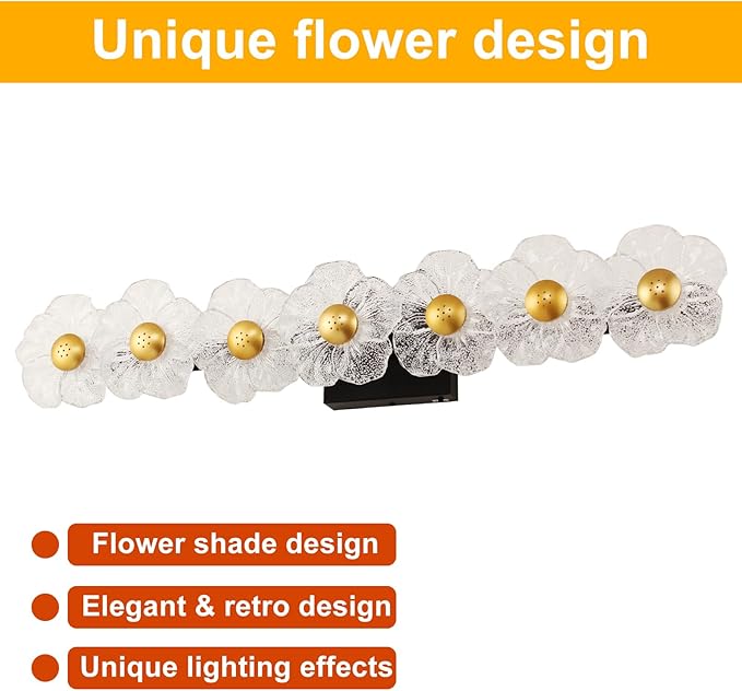MantoLite Bathroom Light Fixtures Modern Vanity Light Over Mirror Adjustable 3000K-6000K Picture Lights Art Light with Floral Clear Glass Shades for Living Room Bedroom Wall Sconces (7 Light Black)