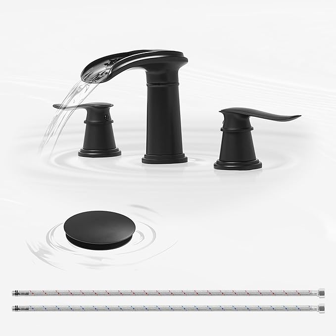 BWE Waterfall Bathroom Faucet, Matte Black 8 Inch Widespread Bathroom Sink Faucet Two-Handle with Pop-up Drain, for Vanity, Lavatory Sink