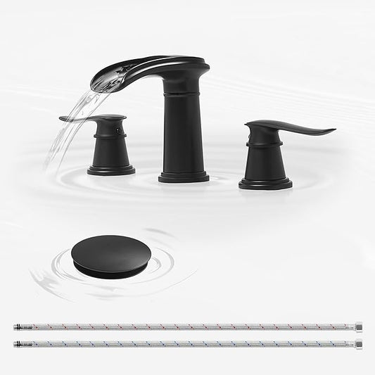 BWE Waterfall Bathroom Faucet, Matte Black 8 Inch Widespread Bathroom Sink Faucet Two-Handle with Pop-up Drain, for Vanity, Lavatory Sink