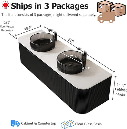 60" Floating Bathroom Vanity with Double Sink, Modern Bathroom Vanities with Round Crystal Glass Basin and Marble Countertop, 2 Soft-Closing Drawer, Solid Wood Pre-Assembled Cabinet, Black