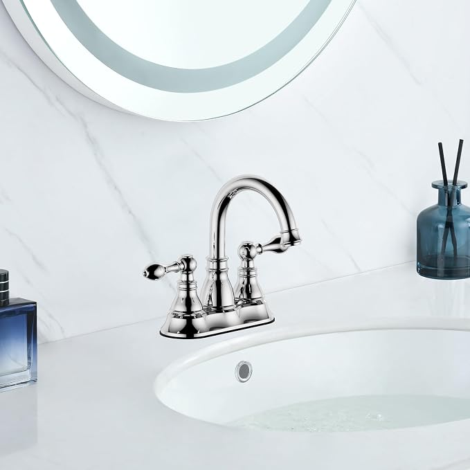 2 Handle Polished Chrome Bathroom Sink Faucet 3 Hole with Overflow Pop up Drain,4 Inch Centerset Bathroom Faucet, 360° Swivel Spout Lavatory Faucet,F-4501-CP
